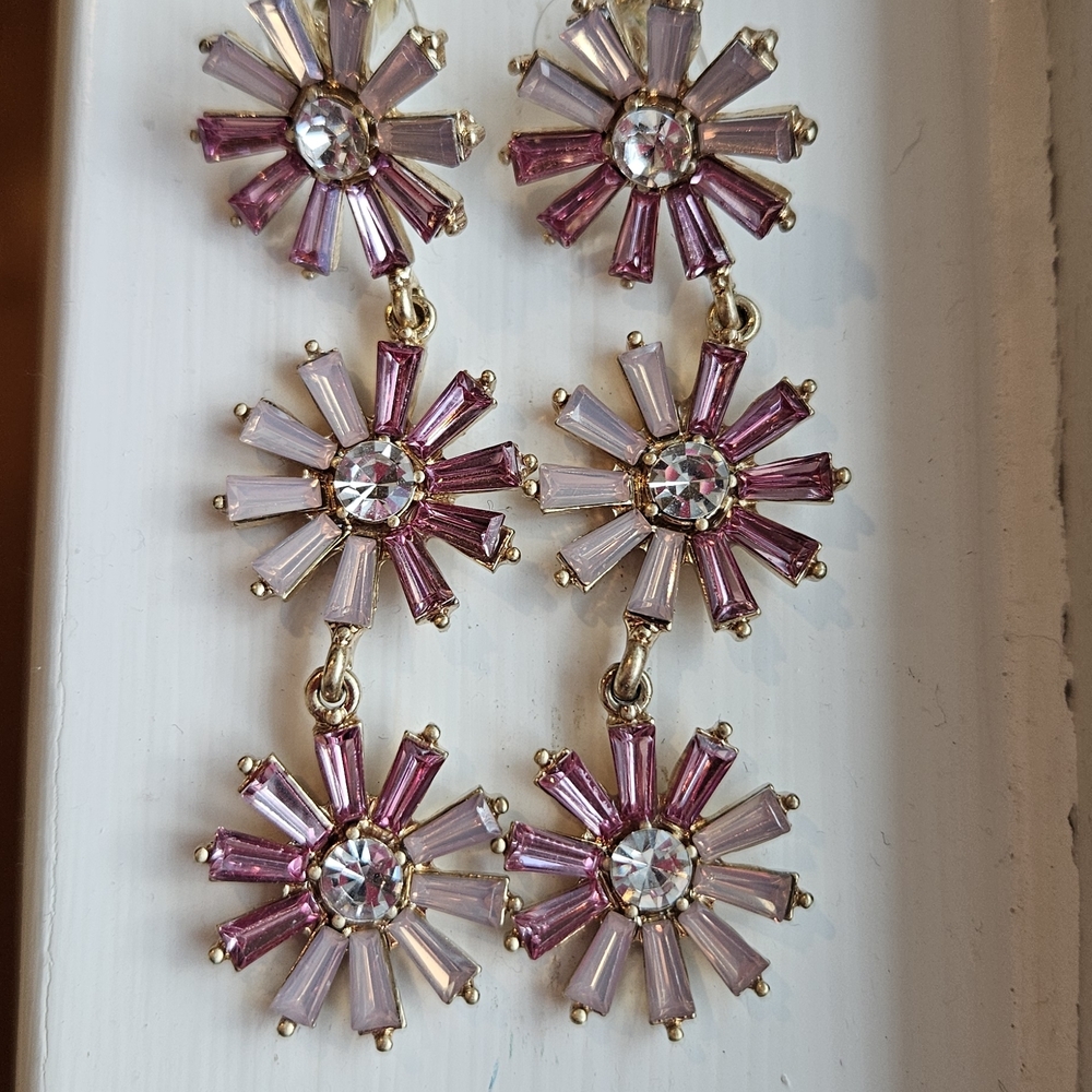 Blush Toned Crystal Baguette Floral Earrings